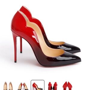 Christian Louboutin Red and Black Patent Scalloped Pointed-Toe Stiletto Pumps